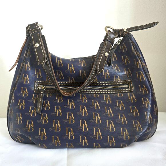 Dooney and Bourke 1975 Signature Collins Navy Shoulder Bag Coated Canvas Leather - Picture 2 of 10